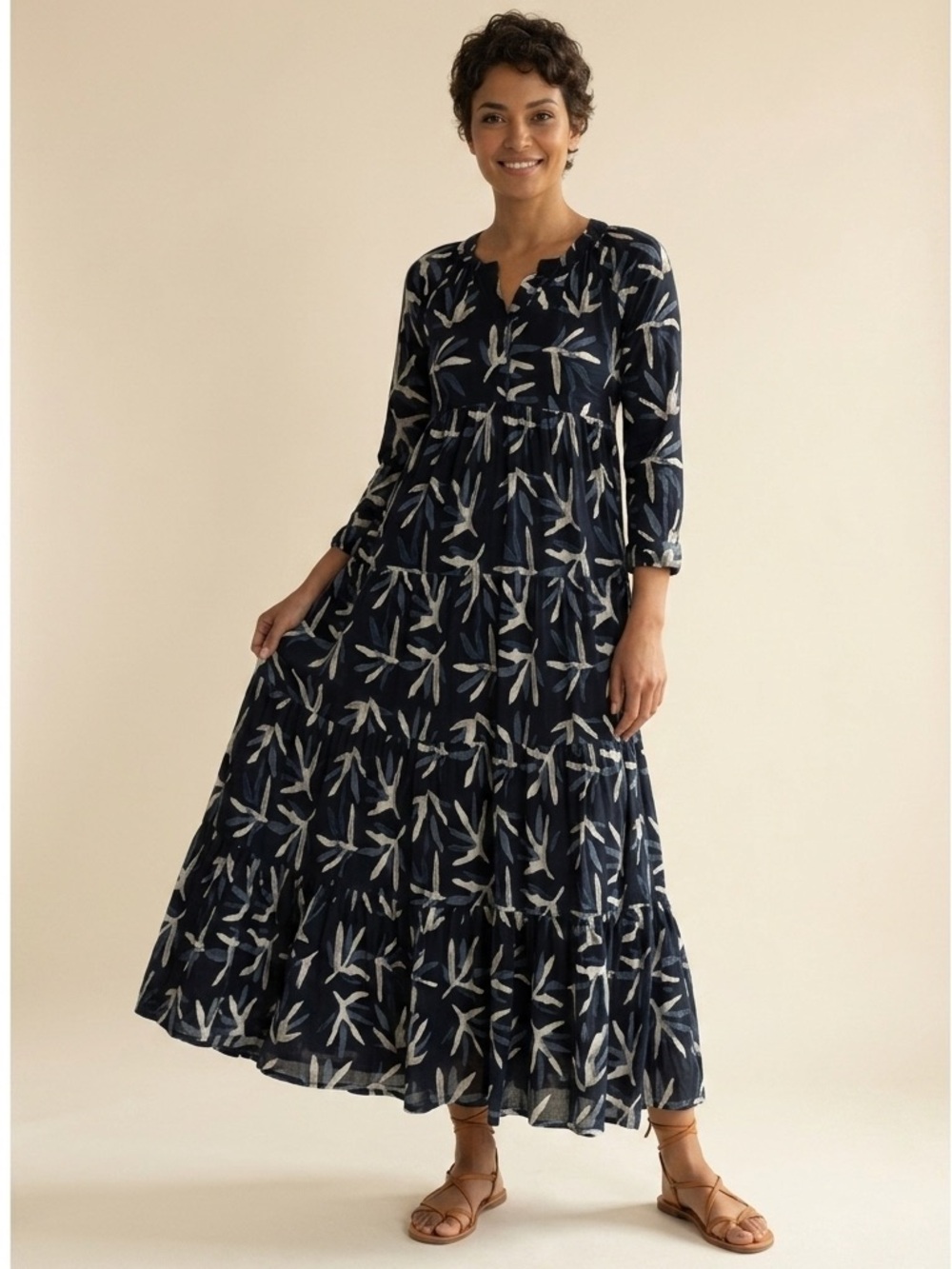 Aman Lamu Kenya Block Print Tiered Cotton Maxi Dress Size Small Boho Beach